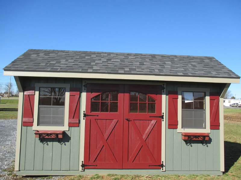 10x16 Quaker Garden Shed, Avacado siding, Clay trim, Black roof, OPTIONAL Carriage Doors, Flower Boxes W/Holders, Garden Vents, list price $4,205, DISPLAY MODEL $3,784.50 Honey Brook